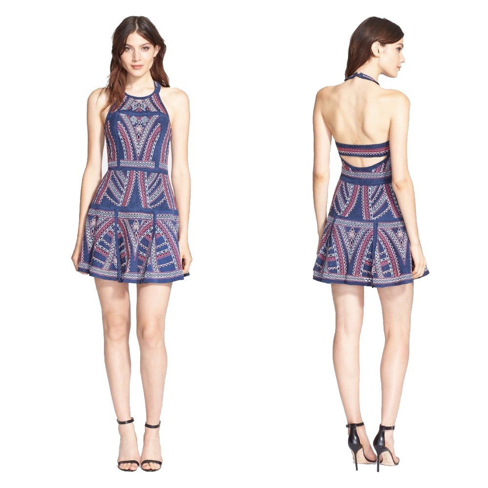 parker • leona blue pink embroidered cutout fit flare cut out halter dress